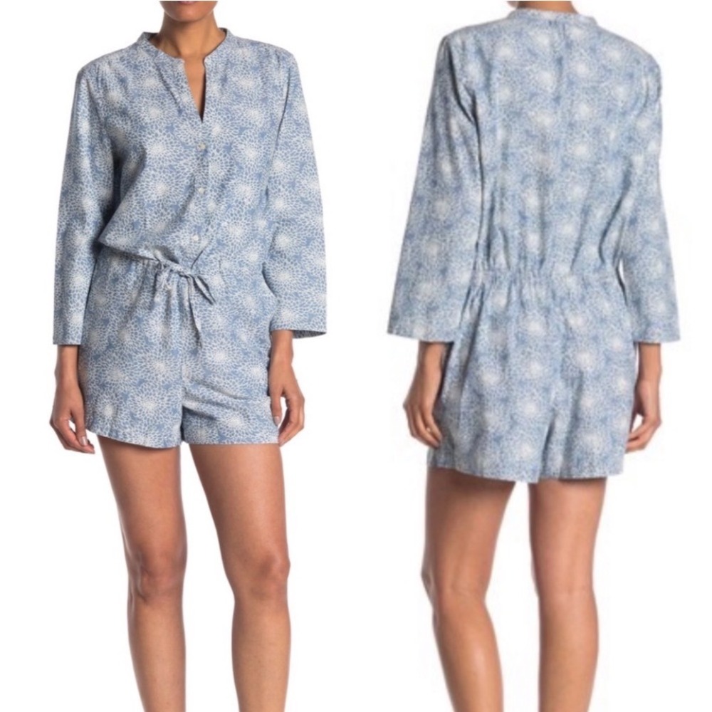 J. Crew Three-quarter sleeve denim romper Blue White Floral L0483 Sz‎ 8
